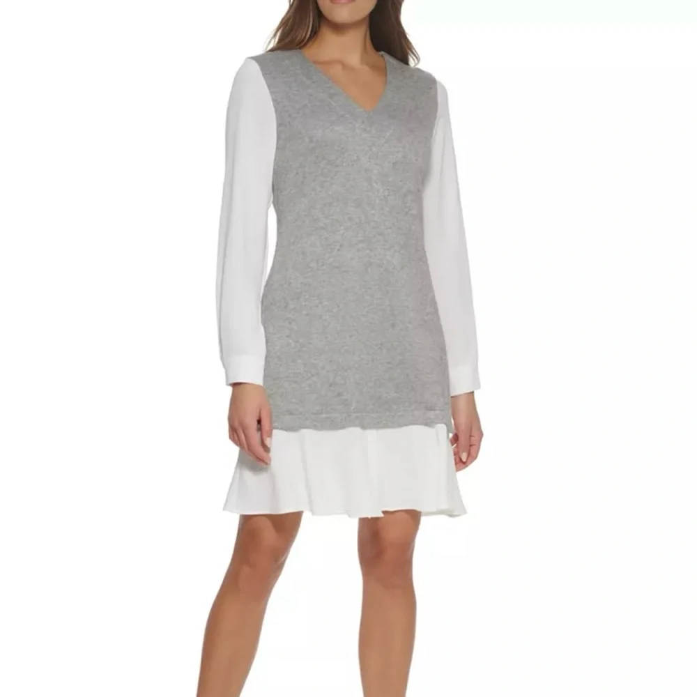 DKNY Colorblocked Gray and White Long Sleeve V-Neck Sweater Dress Size L - Picture 1 of 8